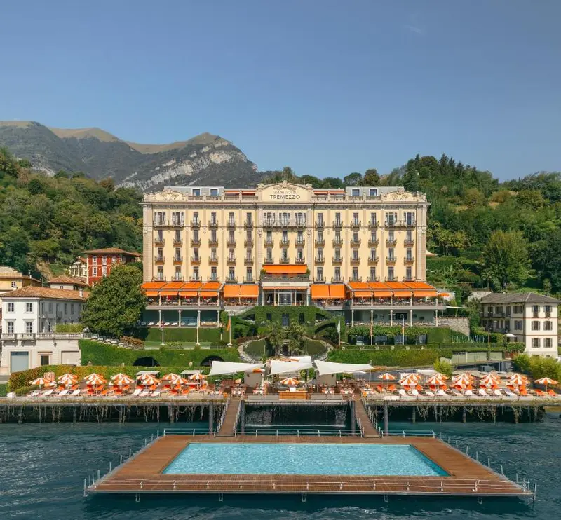 Grand Hotel Tremezzo art nouveau facade on the shore of Lake Como, Italy